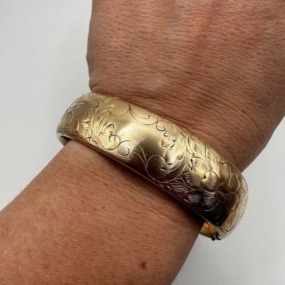 1950s Victorian Revival Etched Floral Gold filled clamper cuff bracelet, FMCO! - Picture 9 of 10